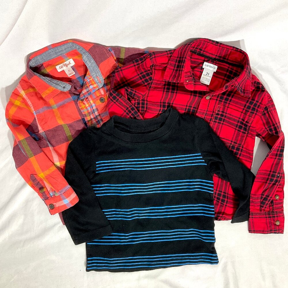 2T Bundle of Long Sleeved Shirt Toddlers Kids Boys Madras Plaid Stripe